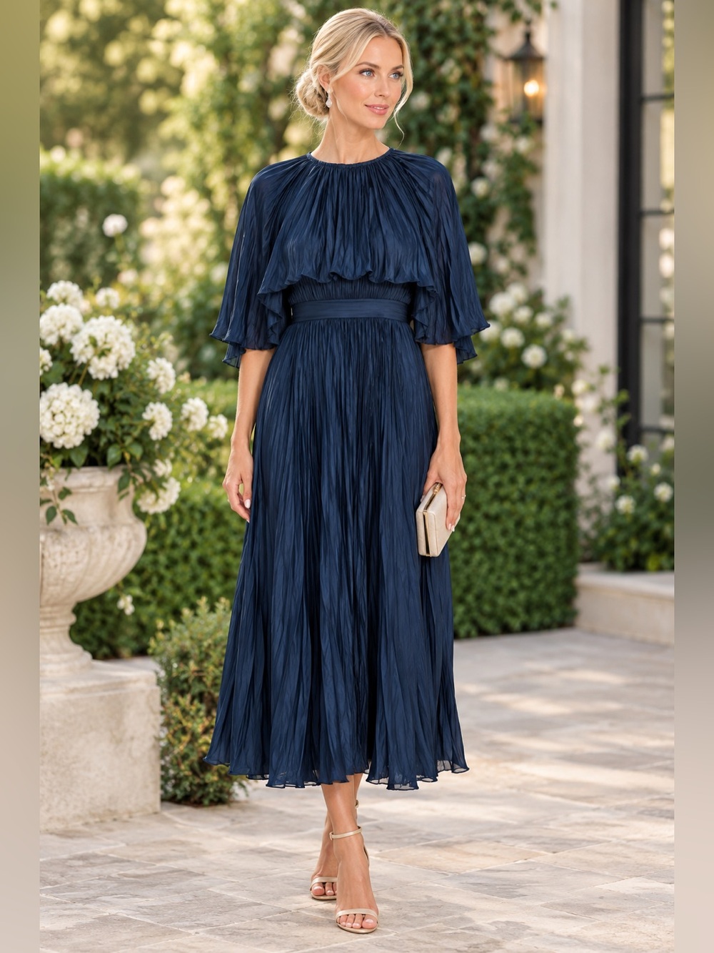 Mac Duggal PLEATED CAPLET T-LENGTH DRESS 49638, Size 20 Navy NWT
